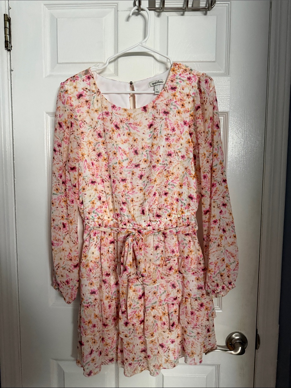 Speechless Pink & Cream Floral Long-Sleeve Tie-Waist Dress